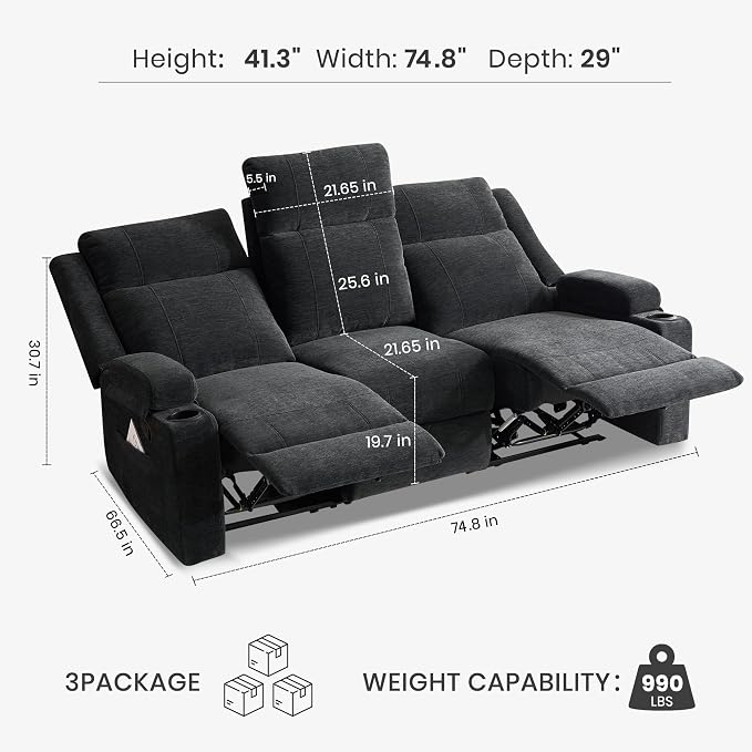 75'' Manual Reclining Sofa with Storage Drawer, 3 Seat Wall Hugger Recliner Couch with Cup Holders, Side Pockets, Chenille Fabric, Compact 3-Person Recliner for RV, Living Room, Apartment (Black)