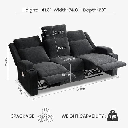75'' Manual Reclining Sofa with Storage Drawer, 3 Seat Wall Hugger Recliner Couch with Cup Holders, Side Pockets, Chenille Fabric, Compact 3-Person Recliner for RV, Living Room, Apartment (Black)