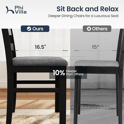 PHI VILLA Solid Wood Dining Table Set for 4, Marble Design Kitchen Table Chairs Set of 4, 5 Piece Space-Saving Dining Room Table Set for Apartment, Venatino White Marble& Black