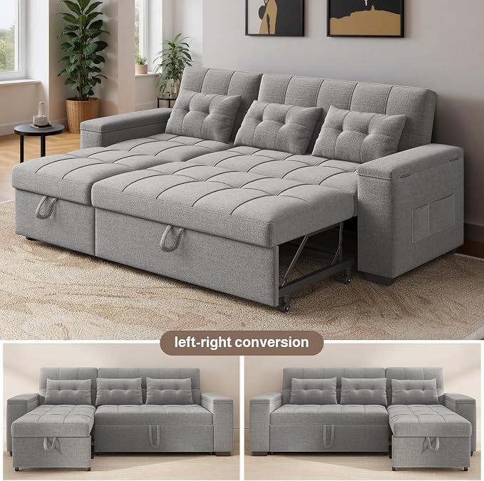 Ahomly 87" Convertible Sofa Bed – Space-Saving Sleeper with Pull-Out Design, Adjustable Backrest, Wide Armrests with Storage, Plush Cushions, Cozy for Small Spaces (Light Grey)