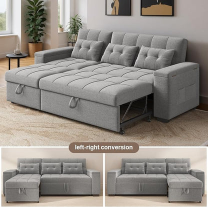 Ahomly 87" Convertible Sofa Bed – Space-Saving Sleeper with Pull-Out Design, Adjustable Backrest, Wide Armrests with Storage, Plush Cushions, Cozy for Small Spaces (Light Grey)