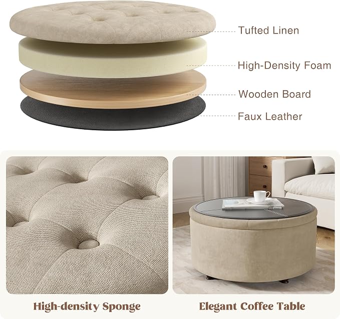 30 Inch Round Storage Ottoman,Modern Tufted Ottomans,Circular Coffee Table with Removable Top,Upholstered Large Ottoman with Storage Footrest Stool for Bedroom Living Room (Lightbrown)