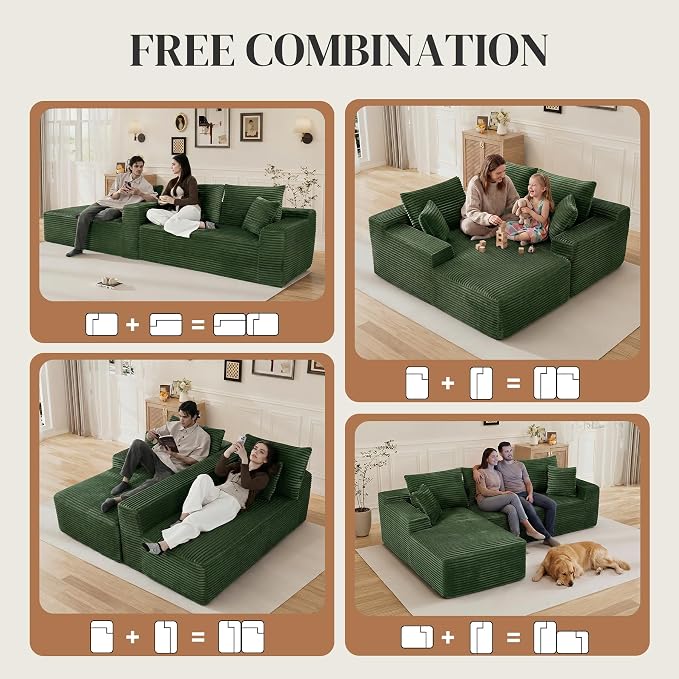 108" L Shaped Cloud Boneless Sectional Couches for Living Room, Modern Comfy Modular Deep Seat Memory Foam Compressed Corduroy Sofa Oversized Left Facing Chaise, No Assembly Required, Green