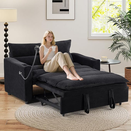 HAOMARKETS 3-in-1 Convertible Loveseat Sleeper Sofa Bed, 2-Seat Pull Out Couch with Cup Holders, Phone Holder and USB Ports, Corduroy 3-Level Adjustable Backrest Couches for Living Room, Black