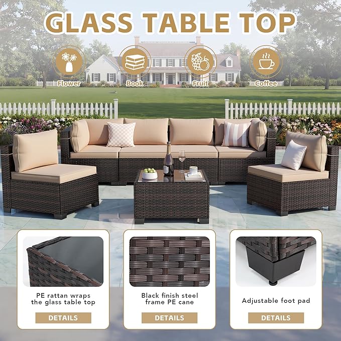 LAFWELL 7 Pieces Outdoor Patio Furniture Sets,Rattan Conversation Sectional Set,Manual Weaving Wicker Patio Sofa with Tea Table