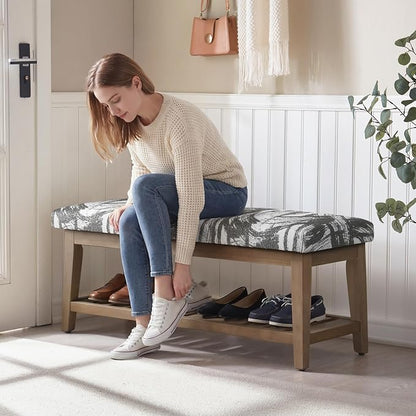 Entryway Bench with Cushion, Upholstered Shoe Rack Bench with Solid Wood Shelf, 44" End of Bed Bench for Bedroom, Chenille Fabric Storage Bench for Entryway, Hallway, Living Room (Textured Grey)