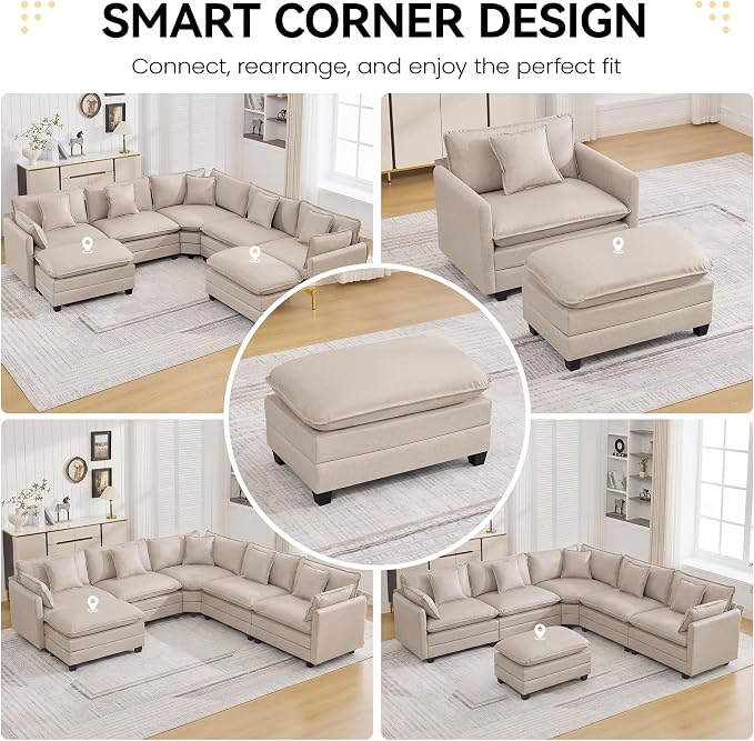 WUTUTUEE 35'' Modern Leather Cloud Sofa Ottoman,Rectangle Ottoman for Modular Sectional Sofa, Leather Beige