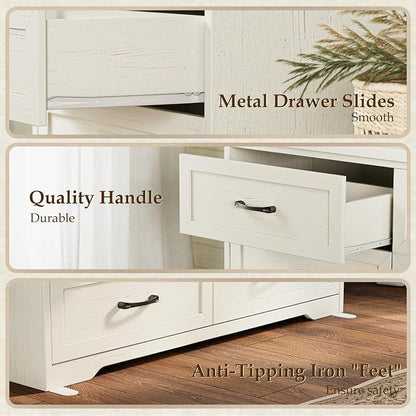 AODK Farmhouse 6 Drawer Dresser for Bedroom, 47” Wide Rustic Storage Dresser with Engineered Wood Frame, Anti-Tip Safety Chest, American Country Bedroom Furniture, Vintage White