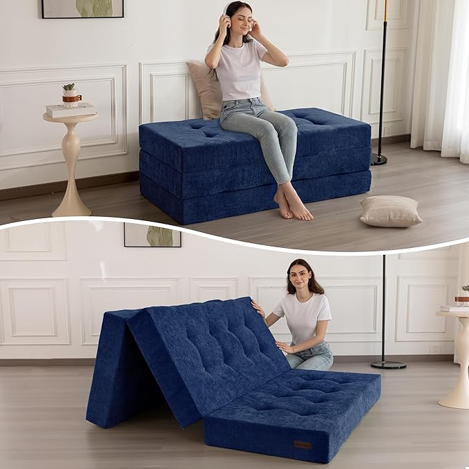 MAXYOYO 6" Folding Sofa Bed for Floor, Tufted Tri-Fold Floor Mattress with Chenille Fabric, Twin Size Portable Sofa Couch Guest Mat for Adults, Foldable Topper for Camping, Navy, 35.4"x75"