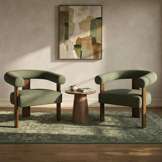 VKNOW Accent Chairs Set of 2, Living Room Chairs with Walnut Legs, Green | Mohair-type Fabric, Barrel Back, Armrests, For Adults and Family, Living Room, Bedroom, Vanity, No Wobble, Easy Assembly