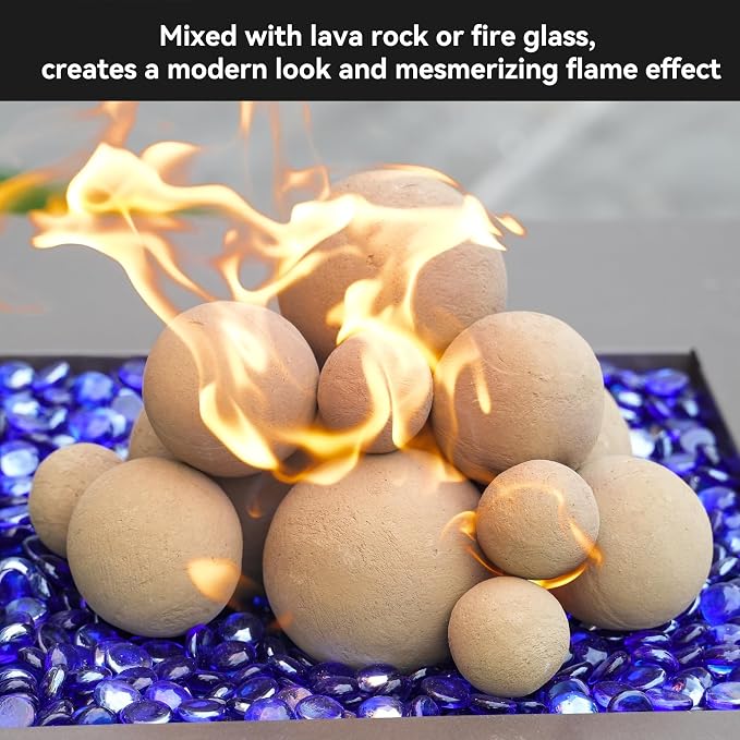 Skyflame 12PCS Fire Pit Ceramic Balls, Mixed of 4 Sizes Fire Pit Balls Set for Indoor and Outdoor Fire Tables or Fireplaces Accessory,Beige
