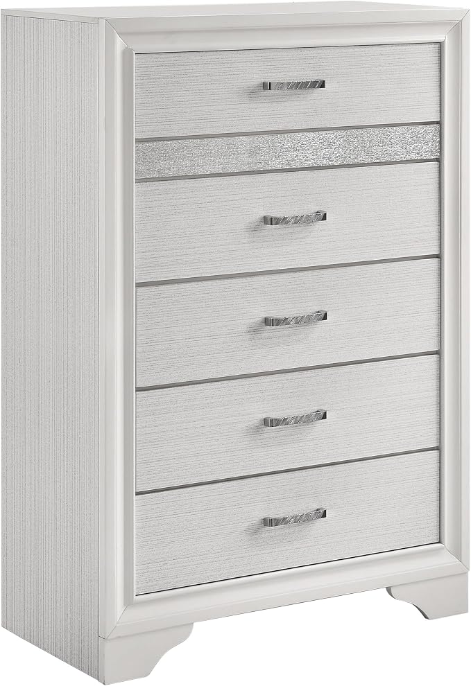 Coaster Home Furnishings Miranda Contemporary 5-Piece Bedroom Set Fabric Upholstered Queen Size Panel Bed Frame 54-inch Headboard White 205110Q-S5