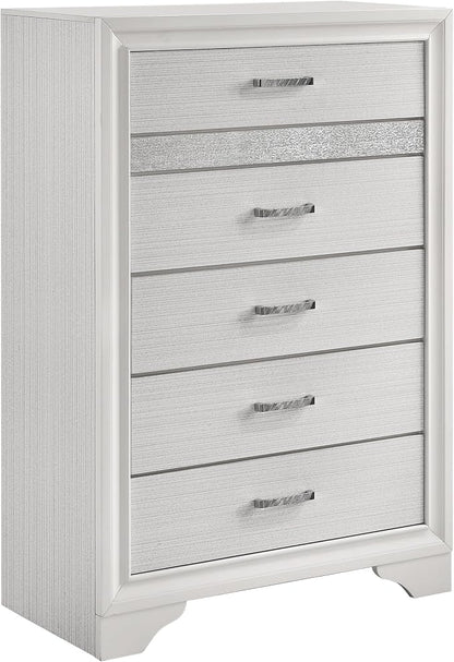 Coaster Home Furnishings Miranda Contemporary 5-Piece Bedroom Set Fabric Upholstered Queen Size Panel Bed Frame 54-inch Headboard White 205110Q-S5