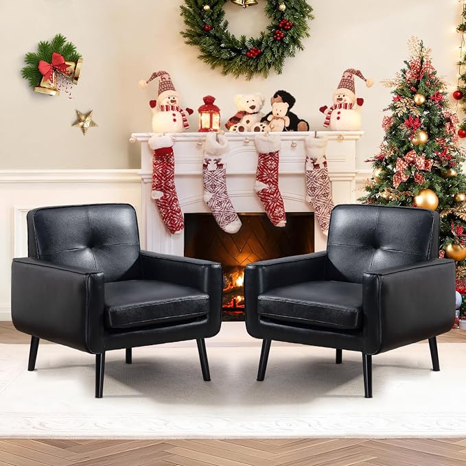 Vogue Furniture Direct Accent Chair Set of 2, PU Leather Modern Chair with Wooden Frame, Cozy Armchair Reading Chair with Comfy Back for Apartment, Living Room, Bedroom, Small Space, Corner, Black