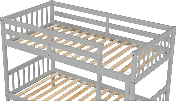 Merax Twin-Over-Twin Bunk Bed with Movable Trundle, Solid Wood Detachable Bunk Bed with Safety Guardrial and Ladder, Can be Converted Into 3 Separate Beds,Grey