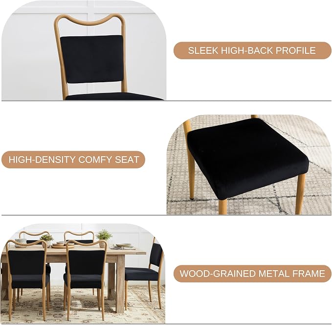 Velvet Dining Chairs Set of 2, Upholstered Dining Chairs with Wood Grained Metal Frame, Mid Century Modern Velvet Chairs for Dining Room, Kitchen and Restaurant,Velvet Black