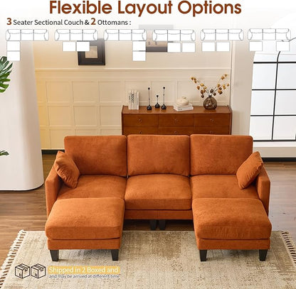 VINGLI 100" W U Shaped Couch with Ottoman, 22" Deep Seat Comfortable Sectional Couches for Living Room, 3 Seater Chenille Fabric Cloud Sofa for Apartment, Small Spaces, Bedroom, Orange