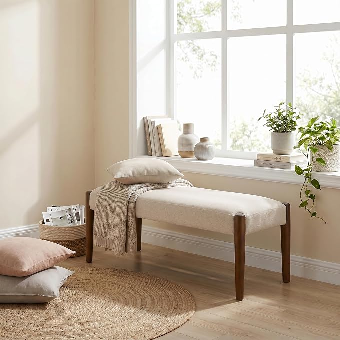 Usaint 42" End of Bed Bench, Modern Upholstered Bedroom Bench with Rubberwood Legs, Entryway Bench with Cushion, Dining Bench for Living Room, Bedroom, Beige with Walnut Leg