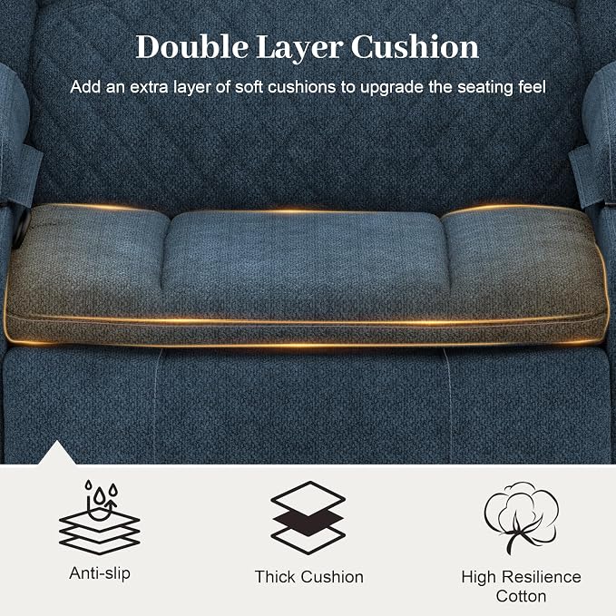 Yolsali Recliner Chairs for Adults, Oversize Manual Reclining Chair with 2-Tier Cushions, Recliner Chair with Hidden Storage Space, Living Room Recliner Chairs with Cup Holders - Fabric Blue