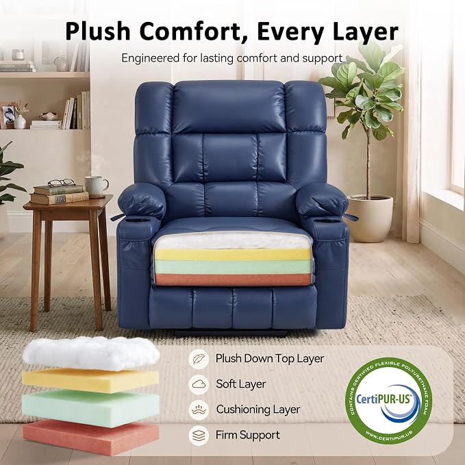 MCombo Small Dual Motor Power Lift Recliner Chair for Elderly, Zero Gravity Lift Chair with Heat and Massage, Lay Flat Recliner for Petite, USB Ports, Faux Leather R7894 (Small-Wide, Blue)