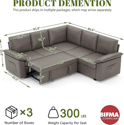 85 Inch Faux Leather Modular Sectional Sofa with Pull Out Bed, L Shaped 5 Seat Sectional Sleeper Sofa with Storage, Sectional Couches for Living Room, Cloud Modular Couch,Gray Leather