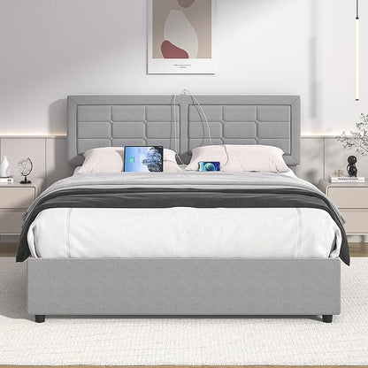 VECELO Queen Size Bed Frame with 4 Storage Drawers & Adjustable Headboard, Built-in Charging Station, Upholstered Bedframe with Wood Slats Support, Light Grey