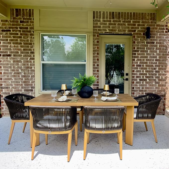 PURPLE LEAF 7 Pieces Outdoor Dining Set Patio Table and Chairs Set Aluminum Wicker Rattan Patio Furniture Set for Lawn Garden Porch Teak