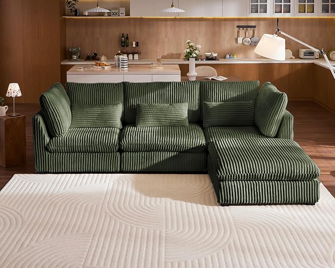 115" Oversized Corduroy Couch Modular Sectional Sofa, Washable Cloud Couch Sectional with Ottoman, 4 Seater Sectional Couches for Living Room, Fully Cover Removable, L Shaped, Plush Corduroy, Green