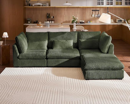 115" Oversized Corduroy Couch Modular Sectional Sofa, Washable Cloud Couch Sectional with Ottoman, 4 Seater Sectional Couches for Living Room, Fully Cover Removable, L Shaped, Plush Corduroy, Green