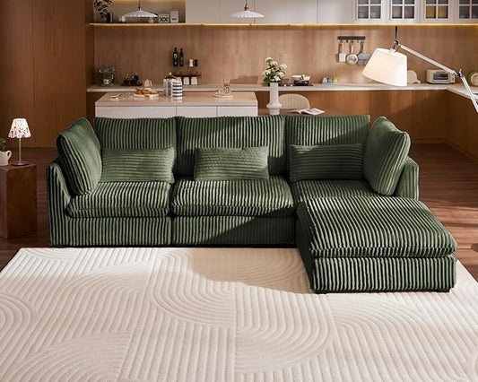 115" Oversized Corduroy Couch Modular Sectional Sofa, Washable Cloud Couch Sectional with Ottoman, 4 Seater Sectional Couches for Living Room, Fully Cover Removable, L Shaped, Plush Corduroy, Green