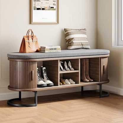 Decofy Shoe Storage Bench with Cushion and Sliding Doors, 47.2 Inch Shoe Bench with Storage, Freestanding Entryway Bench with Storage, Sturdy Metal Feet, for Hallway & Entrance Hall, Walnut