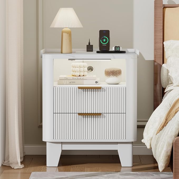 Baoz White Fluted Nightstand with Charging Station & 2 Drawers for Bedroom | 20" Wide Mid Century Modern Bedside Table Wood Faux Marble Top Curved Profile Design 27in Tall LED Night Stand