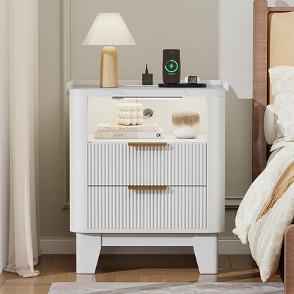 Baoz White Fluted Nightstand with Charging Station & 2 Drawers for Bedroom | 20" Wide Mid Century Modern Bedside Table Wood Faux Marble Top Curved Profile Design 27in Tall LED Night Stand