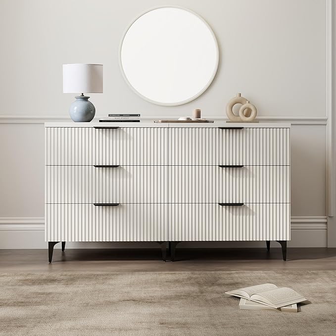 25.6" W Fluted Nightstand with 3 Drawer, Modern Wood Night Stands Bedside Table for Bedroom King/Queen Bed, End Table with Robot-Friendly Legs for Living Room,Entry (3 Drawers-1pcs-White)