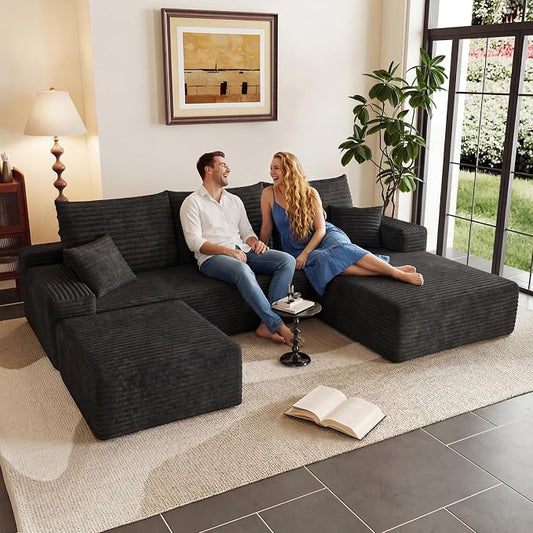 95" Cloud Sectional Couch U-Shaped Chaise with Ottoman, Corduroy Boneless Couch for Living Room Bedroom, Deep-Seat Upholstered Modular Cloud Sofa, No Assembly Required (Black, Right Facing Chaise)