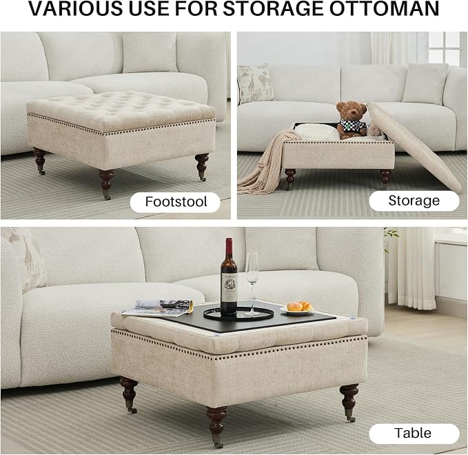 Large Square Storage Ottoman Uphlostered Tufted Button Coffee Table, Oversized Footrest Bench with Castered Rolling Wheels for Living Room, Light Brown Chenille Waterproof