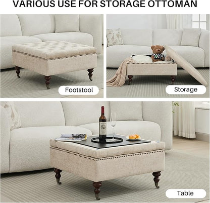 Large Square Storage Ottoman Uphlostered Tufted Button Coffee Table, Oversized Footrest Bench with Castered Rolling Wheels for Living Room, Light Brown Chenille Waterproof