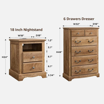 T4TREAM Farmhouse Dresser and Nightstand Sets of 3, 48" Tall 6 Drawers Dresser & 2-Drawer Nightstands Set, Wood Bedroom Furniture Set for Home, Hallway, Bedroom, Light Knotty Oak