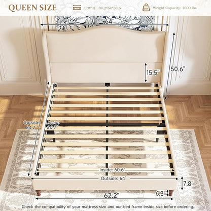 koorlian Queen Size Bed Frame Upholstered Platform Bed with 51" Tall Headboard Wingback, Soft Fabric, Retro Simple Style Platform Bed No Box Spring Needed, Easy Assembly, Beige