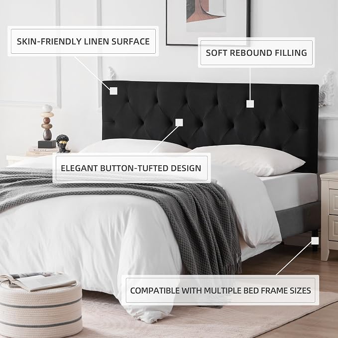 Linen Headboard King Size, Adjustable Height Headboard 37-51 in, Black | Diamond Tufting Solid Wood King Headboards, Durable Metal Legs, Upholstered King Head Board for Bed Frame, Modern Fabric
