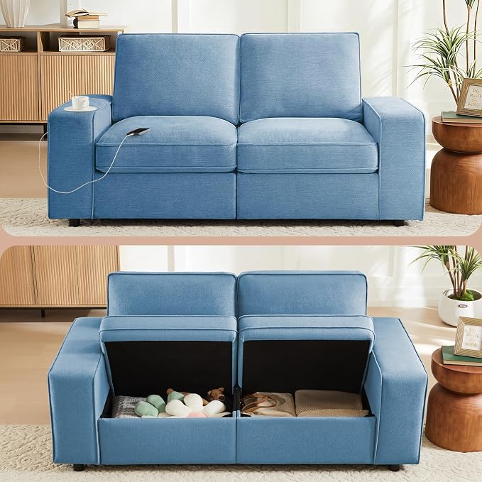Waxberry 71" Chenille Loveseat Sofa Couch for Living Room with Seat Storage, Modern 2-Seater Deep Seat Sofa with Side Pockets & Type-C/USB Ports, Detachable Backrest for Office, Apartment (Blue)