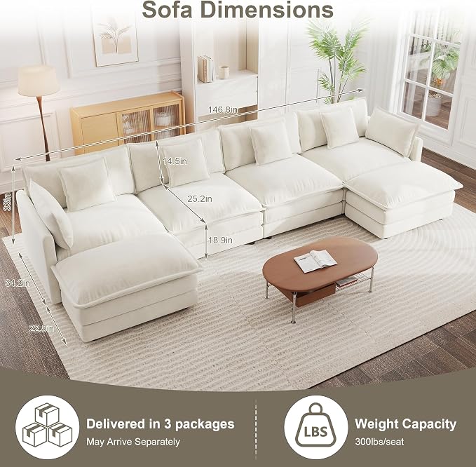147" Modular Sectional Sofa, Oversized U Shaped Sectionals Cloud Couch, Big Comfy Couch with 2 Ottomans, 6 Seater Chenille Sectional Sofa with Deep Seat and 6 Pillows for Living Room- Beige