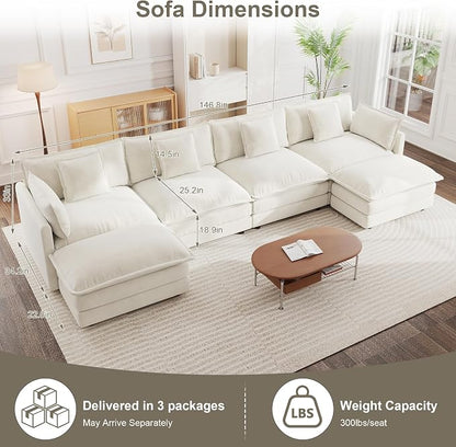 147" Modular Sectional Sofa, Oversized U Shaped Sectionals Cloud Couch, Big Comfy Couch with 2 Ottomans, 6 Seater Chenille Sectional Sofa with Deep Seat and 6 Pillows for Living Room- Beige