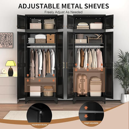 86" Metal Wardrobe Cabinets,Black Armoire Wardrobe Closet with Hanging Rod,Clothes Storage Cabinet with Adjustable Shelves and Doors,Clothing Cabinet for Bedroom,Laundry Room