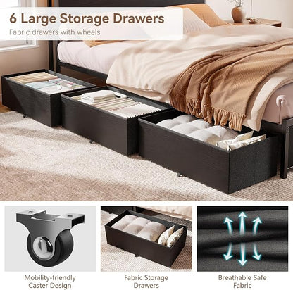Forestell Queen Bed Frame with Headboard & 6 Drawers, Metal Platform Bed Frame Queen Size with LED Lights & Charging Station, 2 Tier Shelf Storage Bedframe-No Box Spring Needed, Noise Free, Black