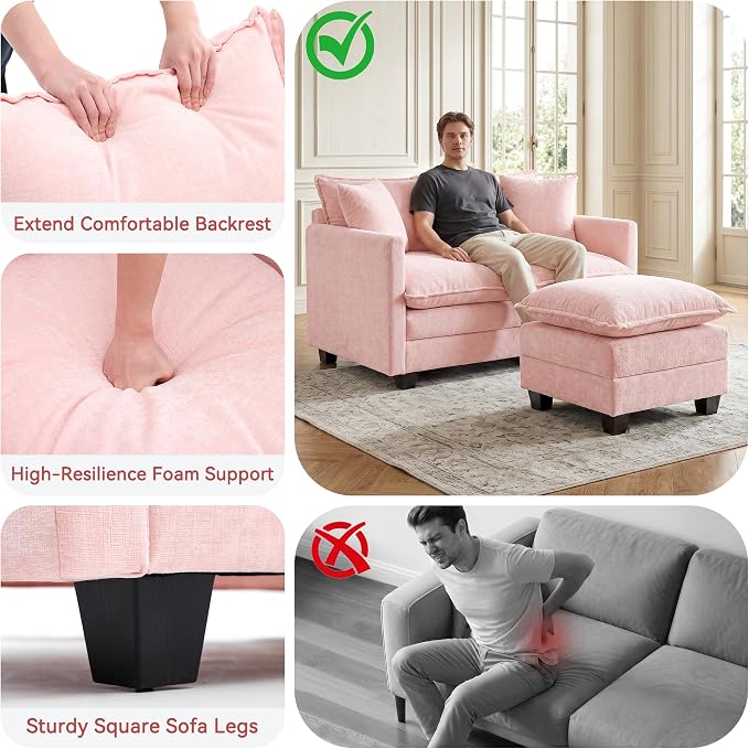 L-Shape Loveseat Sofa Couch with Ottoman, Small 50" Love Seat 27" Deep Cloud Sofa Washable Chenille Pillow for Apartment Bedroom Dorm Attic Studio Office Living Room Small Space 8833-PINK-L
