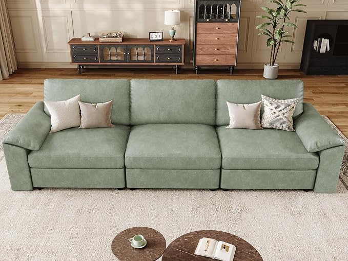 EASE MOOSE 3 Seater Deep Seat Sectional Sofa,Scratch Resistant Faux Leather Material, Oversized Modular Couch,Classic Comfy Sofas for Small Spaces, Green
