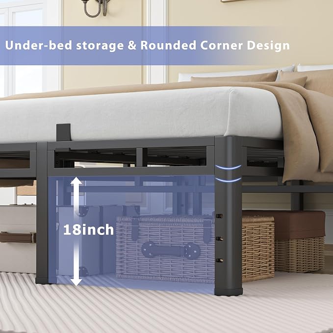 NKZ 22 Inch Queen Size Bed Frame, Metal Bed Frame & Box Spring 2 in 1 Platform with Round Corner Legs, 4000Lbs Heavy Duty Metal Frame, Mattress Slide Stopper, Headboard Hole, Noise-Free, Easy Assembly