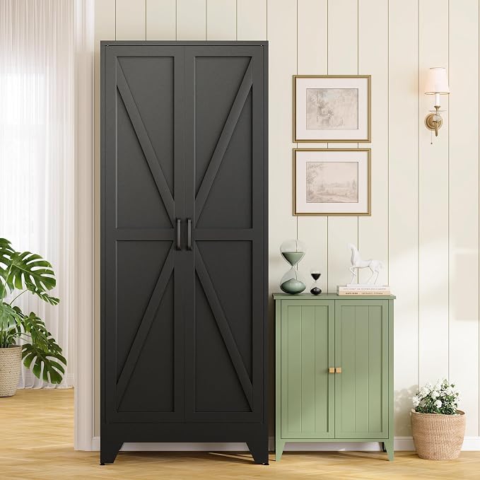 RAVIGIN Farmhouse Storage Cabinet,72" H Metal Pantry Cabinet with Barn Doors and Adjustable Shelves,72" H 6-Tier Rustic Pantry Organizers for Kitchen,Dining Room,Black