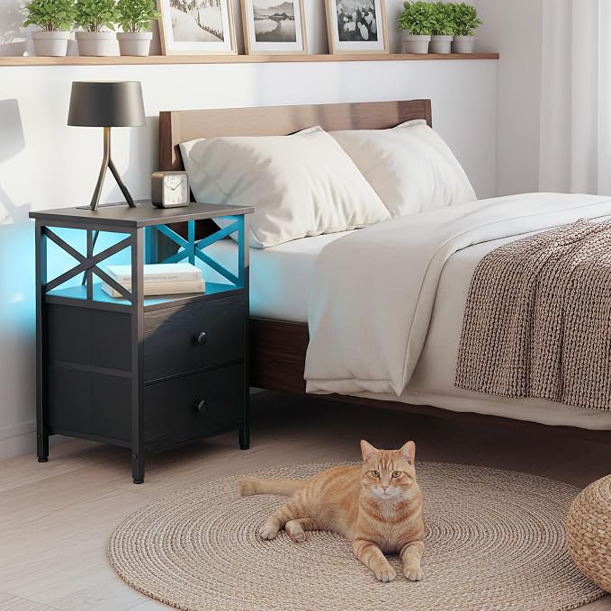 AMHANCIBLE Nightstands Set of 2 with Charging Station, LED Night Stand with 2 Storage Drawers, End Tables with USB Ports and Outlets, Modern Bedside Tables for Bedroom, Black, HET052LBK